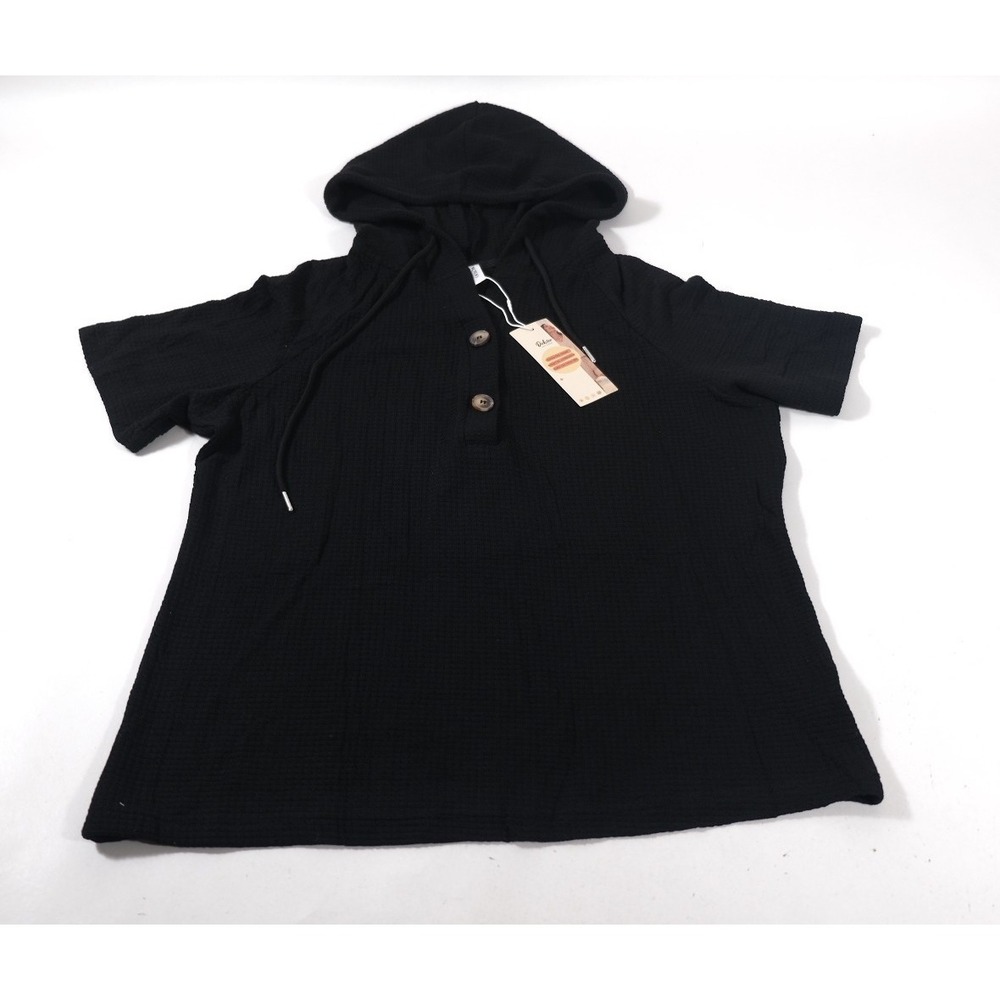 Dokotoo Hoodie Women L Black Waffle Knit Henley Short Sleeve Casual Pullover